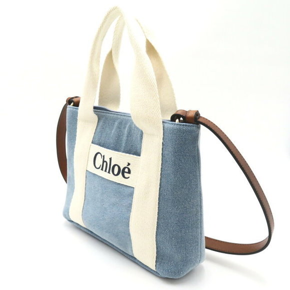 Chloe Shoulder Bag Denim Blue Ivory White Strap Brown - Picture 3 of 9